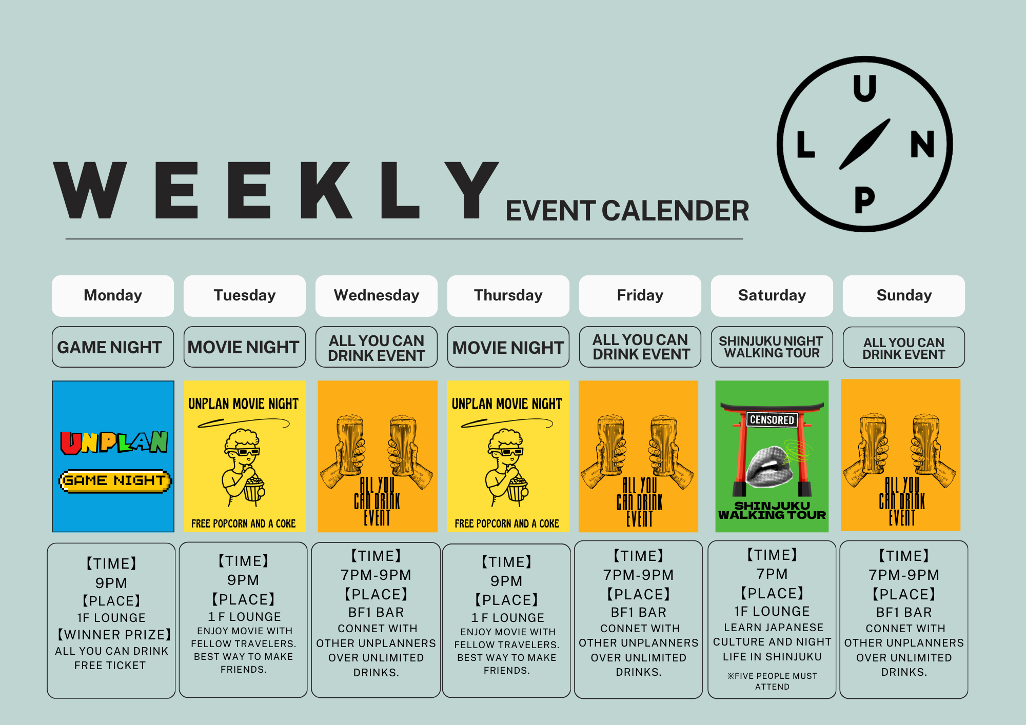 UNPLAN Shinjuku weekly event calendar